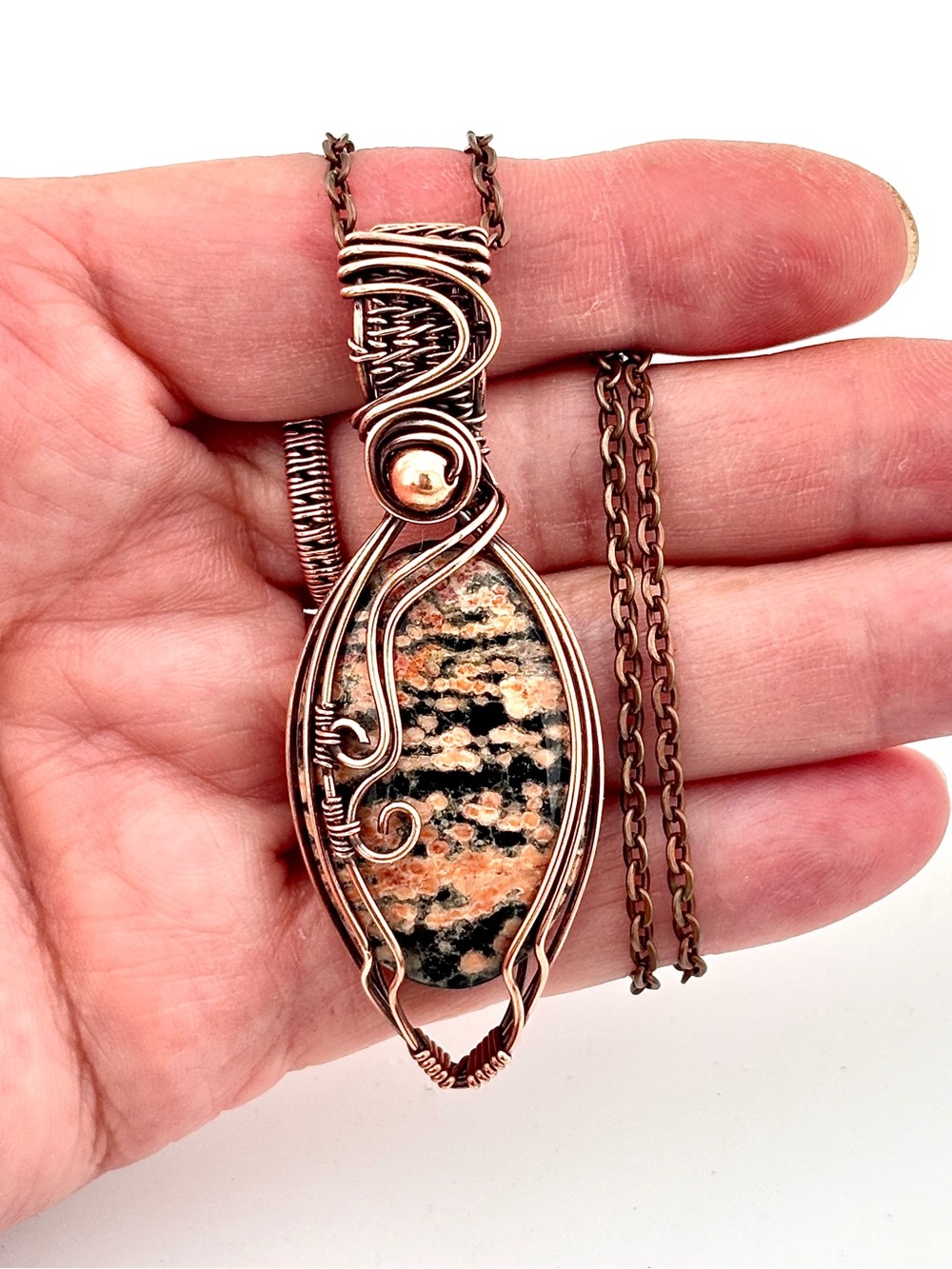 HANDMADE Firework Obsidian Copper Wire Wrapped Pendant Necklace, Artisan Jewelry